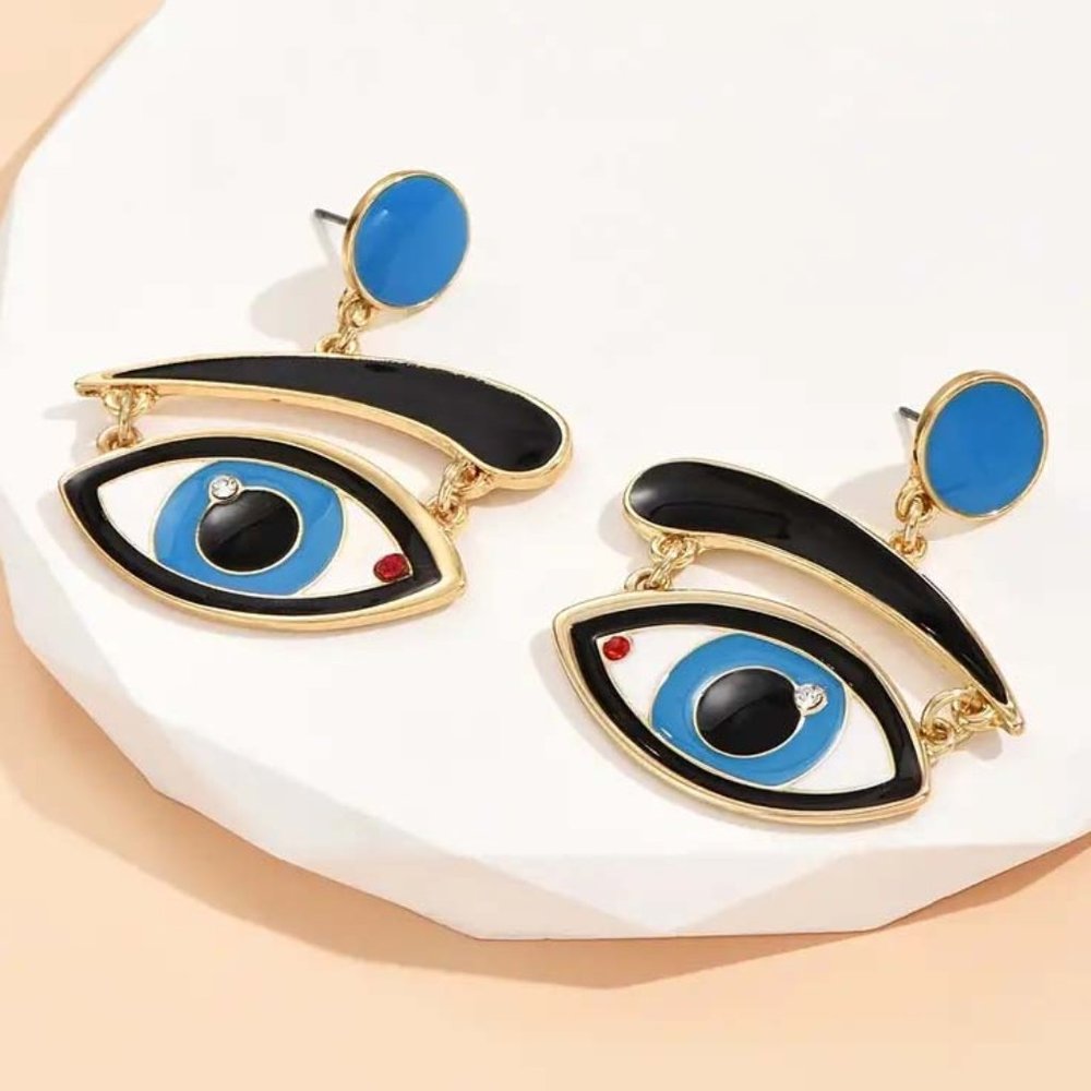 MAN RAY'S BLUE EYES W/ BLACK EYEBROWS ENAMEL ON 14K GOLD CLAD DANGLE EARRINGS B - Picture 4 of 4